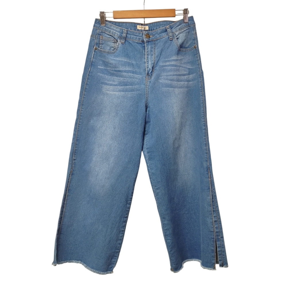 Machine Pour Neuf Mode Wide Leg Jeans Blue Denim Side Slit Raw Hem Size 10/12 - Picture 1 of 12